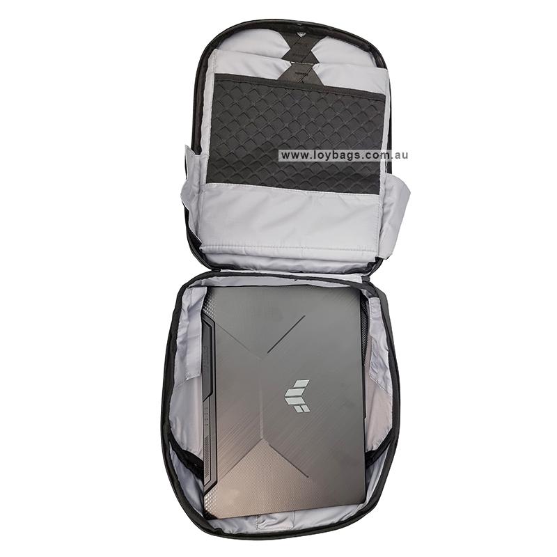 Loy Bags LED backpack T3-HD LED with LED screen display with motion display opened to chow laptop sleeve and pockets