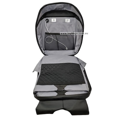 Loy Bags LED backpack T3-HD LED with LED screen display with motion display opened to chow laptop sleeve and pockets