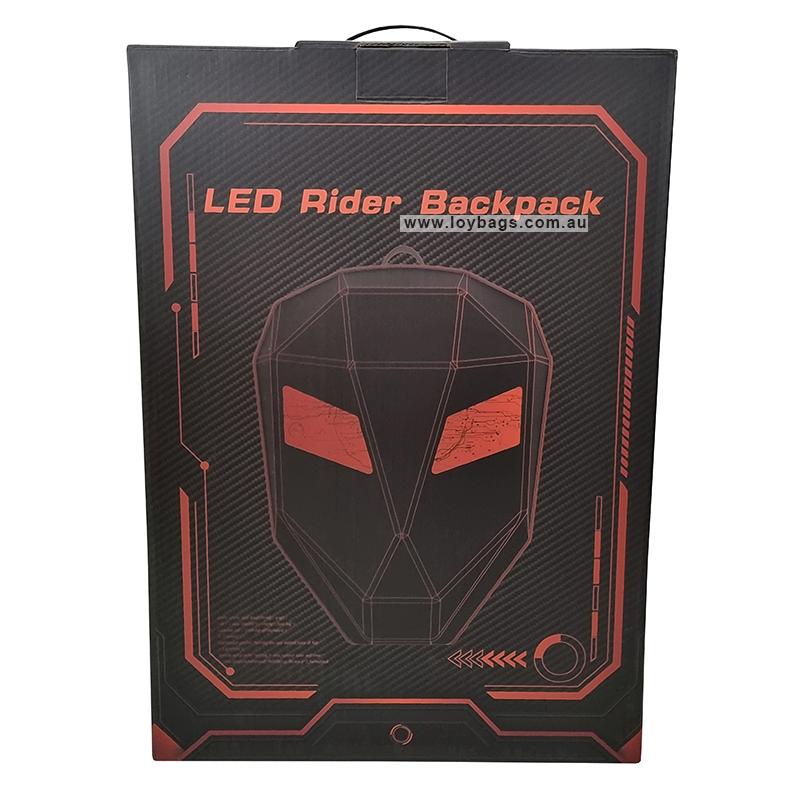 Loy Bags Knight LED backpack bag with LED eyes front view of box for transport