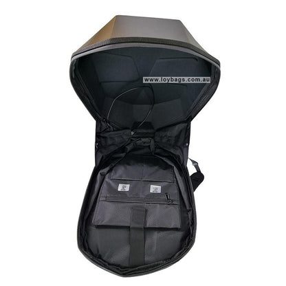 Loy Bags Knight LED backpack bag with LED eyes top view opened to show inside high quality zipper pouches and material 